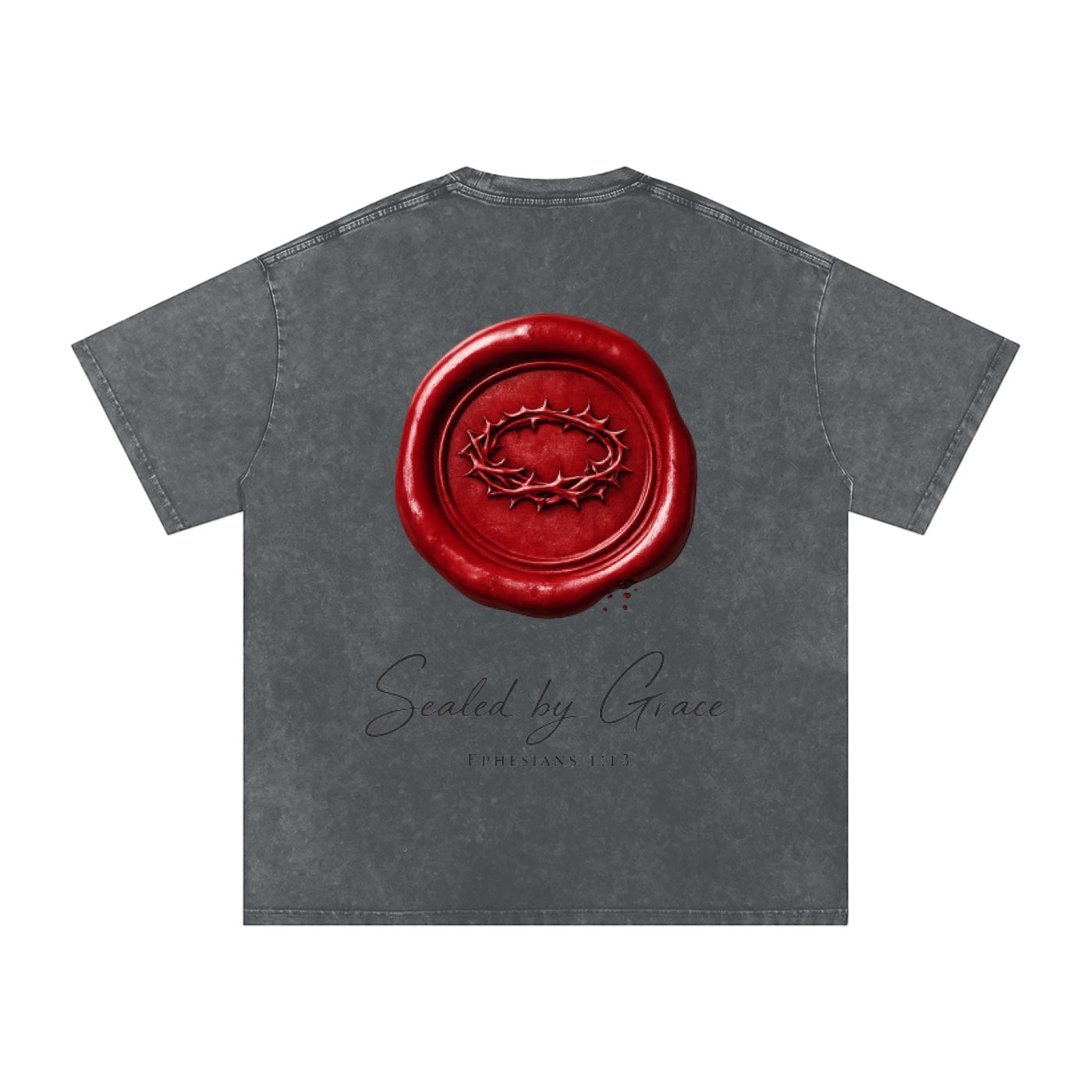 Foundation oversized charcoal wash t-shirt with a red wax seal graphic featuring a crown of thorns and "Sealed by Grace" text.