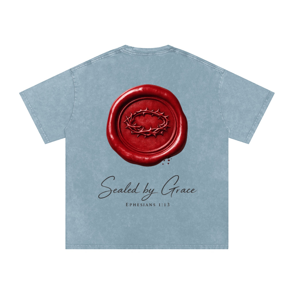 Foundation oversized light blue washed cotton t-shirt with a red wax seal graphic featuring a crown of thorns and "Sealed by Grace Ephesians 1:13" text.