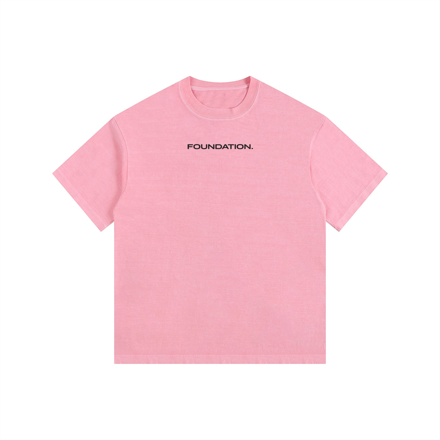 Foundation. pink oversized cotton t-shirt with black text logo on chest.
