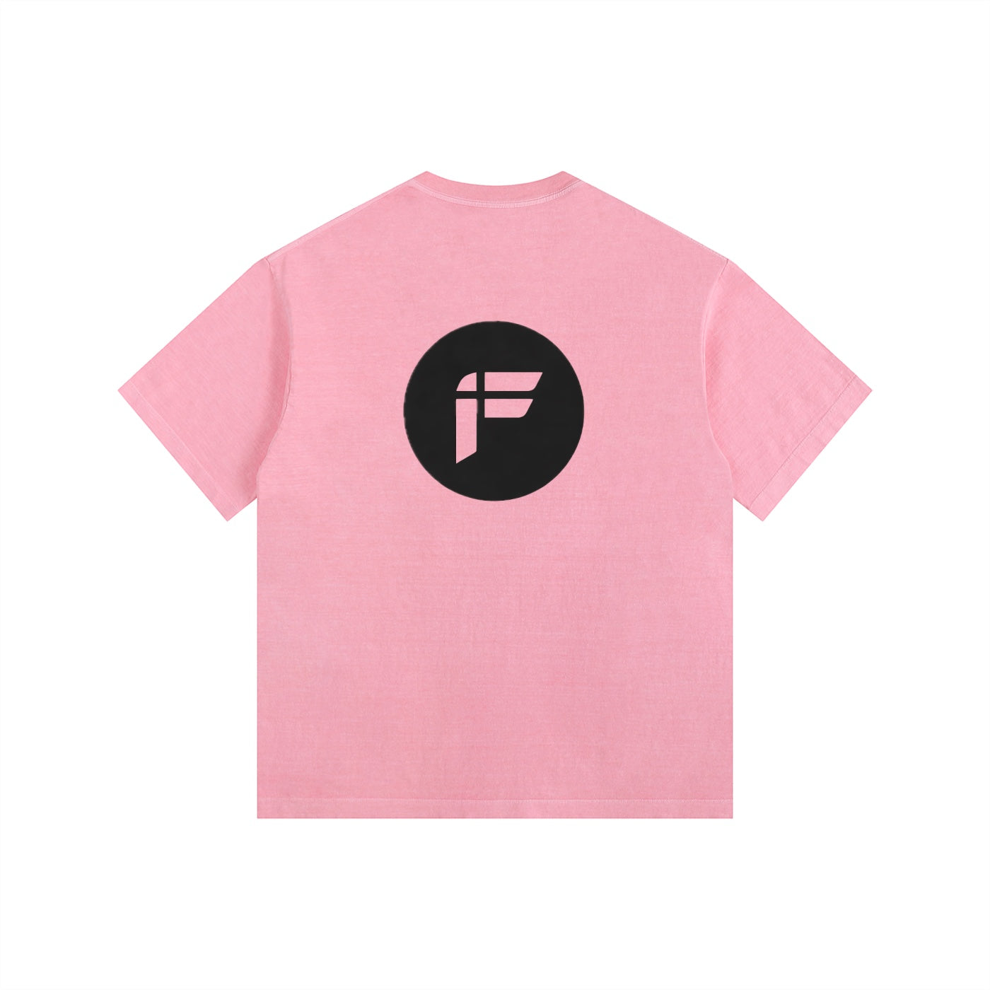 Foundation. pink oversized t-shirt with black circular logo on back. Cotton blend.