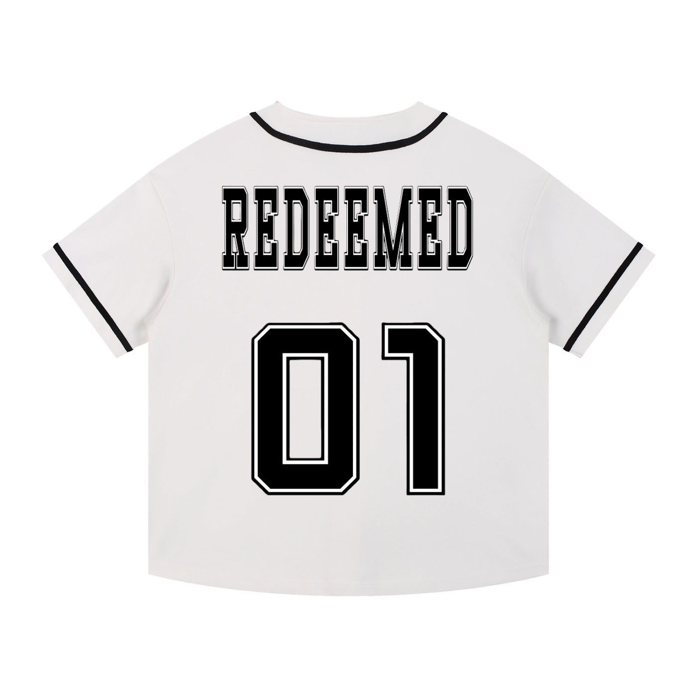 Foundation white baseball jersey with black trim, featuring "REDEEMED" across the back and "01" numbering.