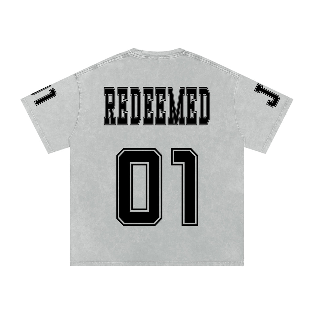 Foundation REDEEMED oversized washed cotton t-shirt with collegiate lettering and number 01 graphic.