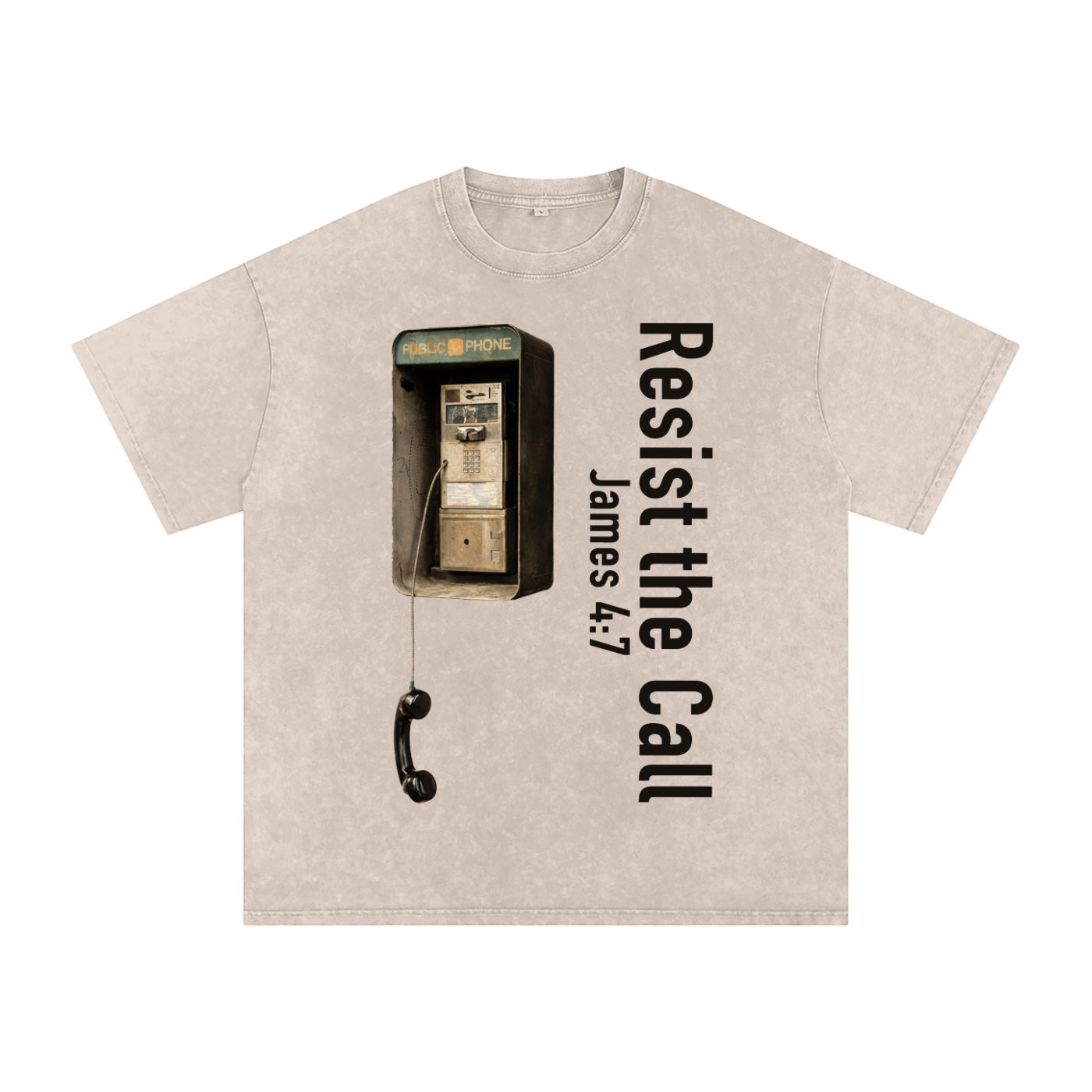 Foundation oversized washed cotton t-shirt with a vintage payphone graphic and vertical text reading "Resist the Call James 4:7".