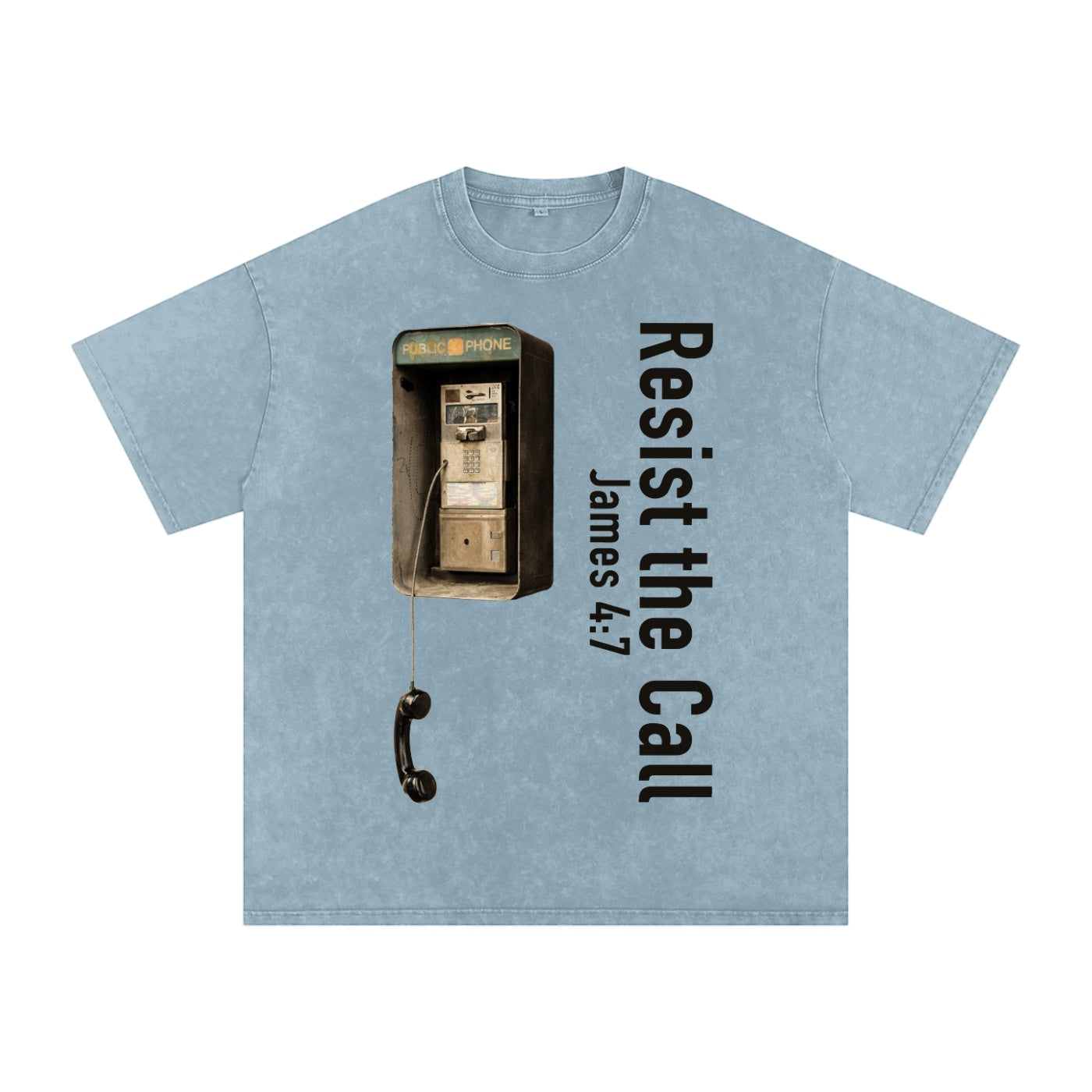 Foundation light blue washed cotton oversized t-shirt with a vintage payphone graphic and vertical text reading "Resist the Call James 4:7".
