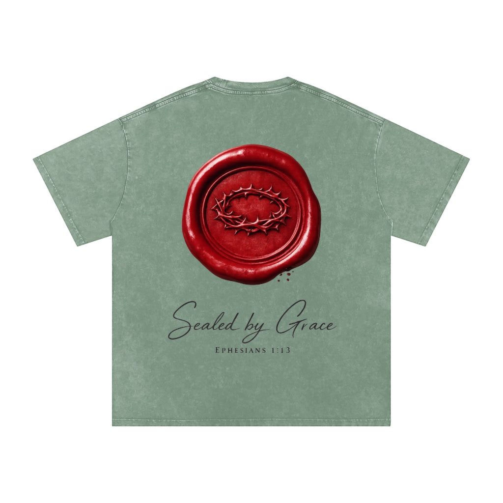 Sage green vintage-washed cotton oversized t-shirt with a red wax seal graphic and