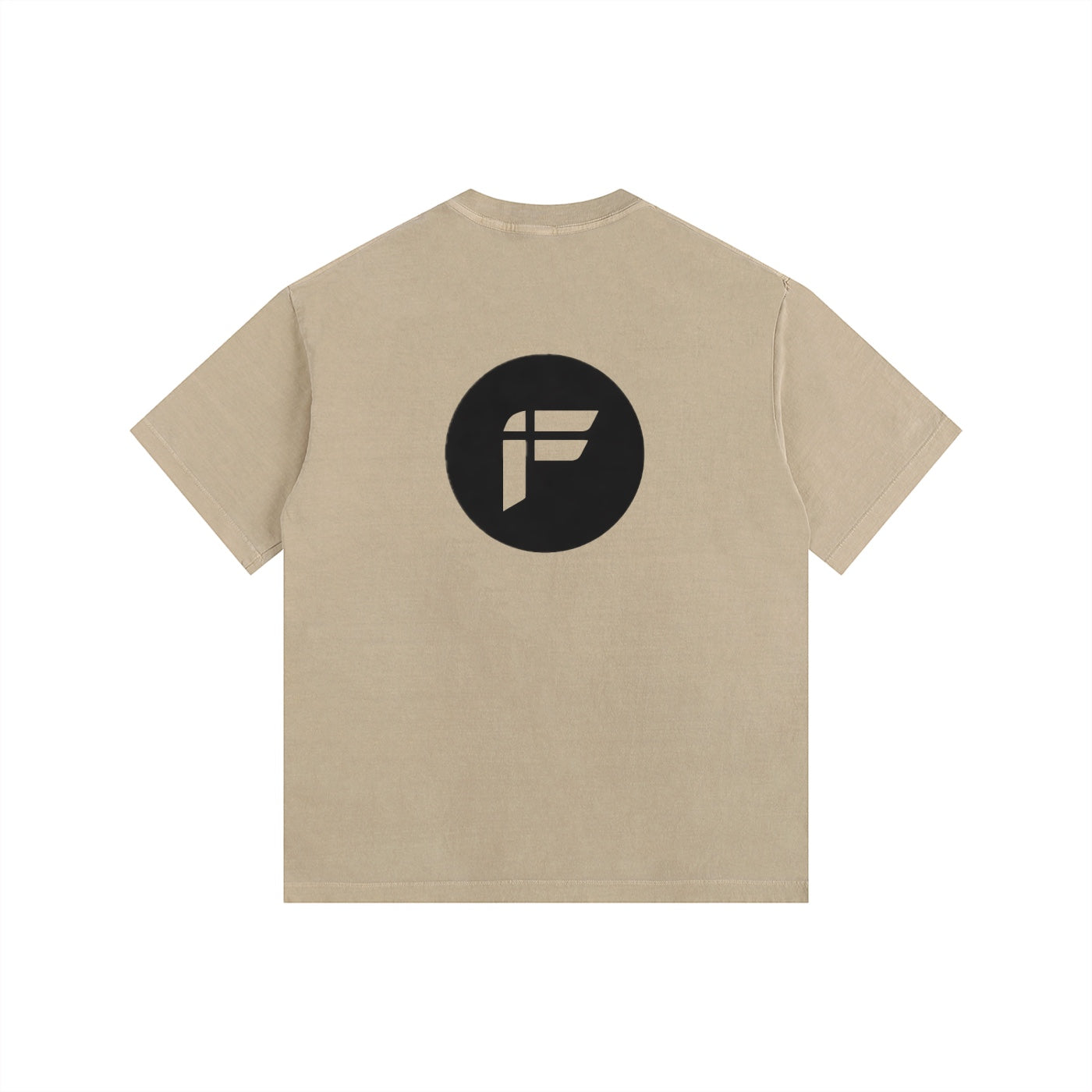 Foundation. t-shirt in tan cotton with oversized fit and black circular logo on back.