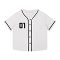 Foundation white button-up baseball jersey with black trim and "01" graphic on chest.